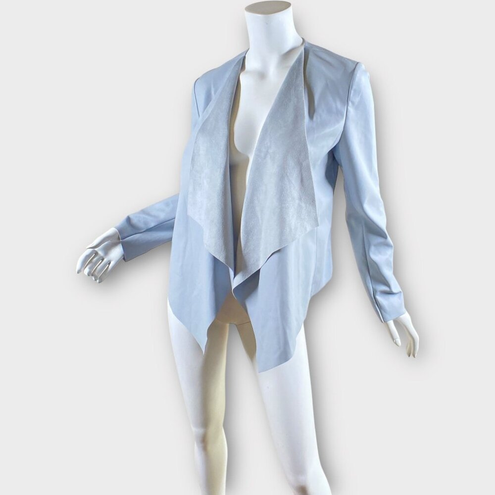 NWT BAGATELLE Light Blue Gray Faux Leather Draped Open Front Jacket, size Small